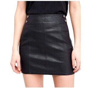 Free People Faux Leather Mini Skirt Womens 6 Black Snap Button Lined Femme Chic